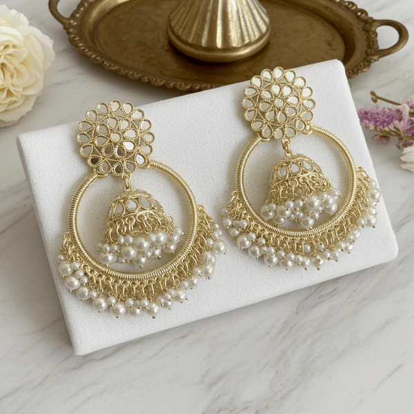 Tessara Gold Kundan & Pearl Bali Jhumki Earrings