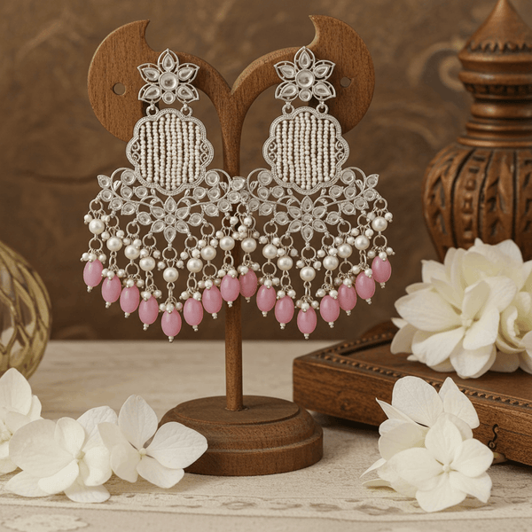 Tessara Silver Kundan Chandeliers with Onion Pink Beads
