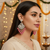 Tessara Silver-Plated Kundan Chandelier Earrings with Onion Pink Beaded Tassels