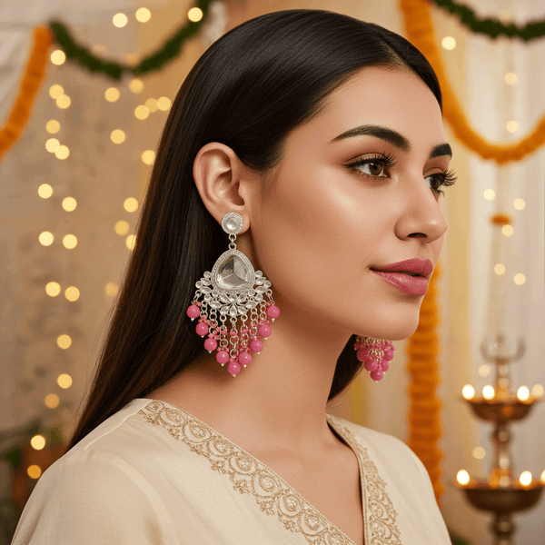 Tessara Silver-Plated Kundan Chandelier Earrings with Onion Pink Beaded Tassels