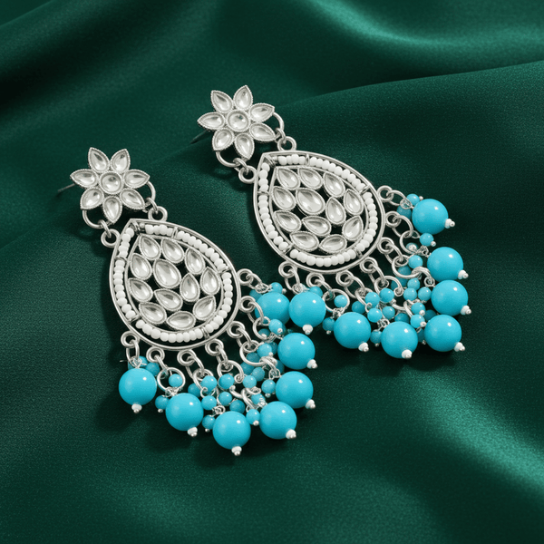 Tessara Silver Kundan Teardrop Danglers with Sky Blue Beads