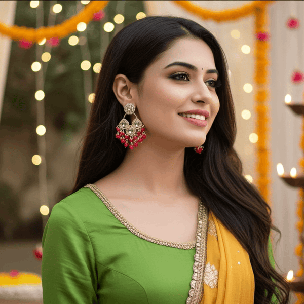 Tessara Silver-Plated Kundan Chandelier Earrings with Red Beaded Tassels