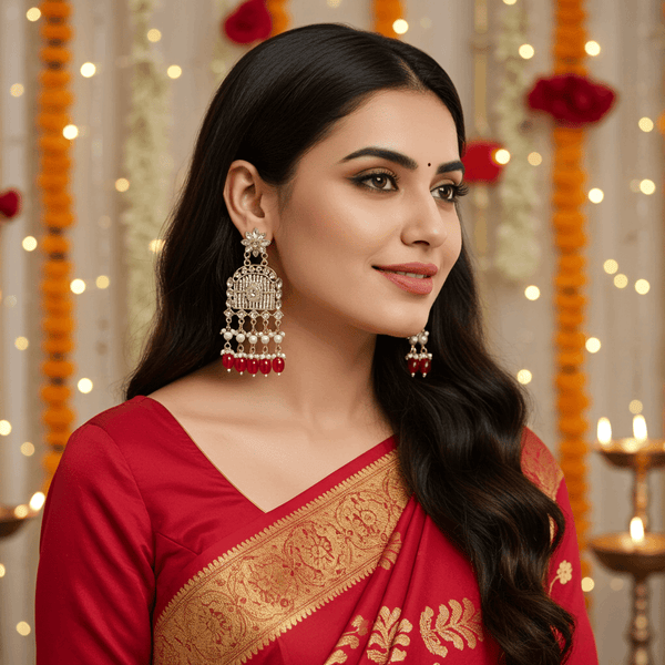 Tessara Gold-Plated Kundan Chandelier Earrings with Maroon Beads