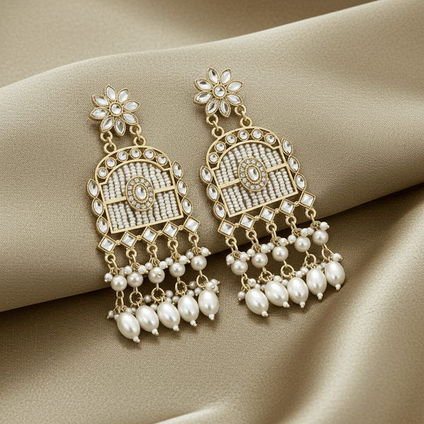 Tessara Gold-Plated Kundan Chandelier Earrings with White Pearls