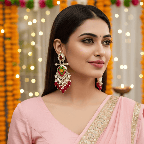 Tessara Silver-Plated Multicolor Meenakari Earrings with Ruby Red Beaded Tassels