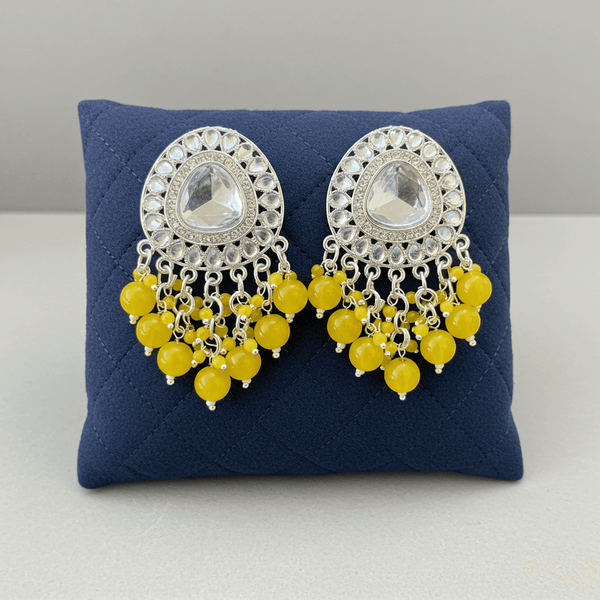 Tessara Silver-Plated Kundan Drop Earrings with Yellow Beaded Fringe