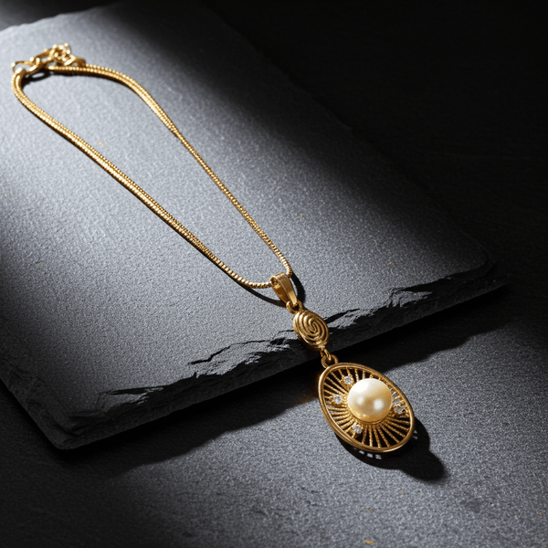 Tessara Gold-Plated White AD-Studded Pearl Sunburst Pendant