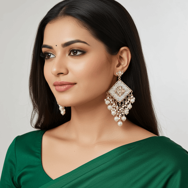 Tessara Gold-Plated Pearl Woven Diamond Chandelier Earrings in White