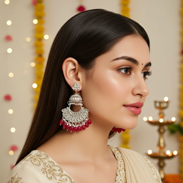 Tessara Gold Kundan Pearl Chandbali with Ruby Red Beads