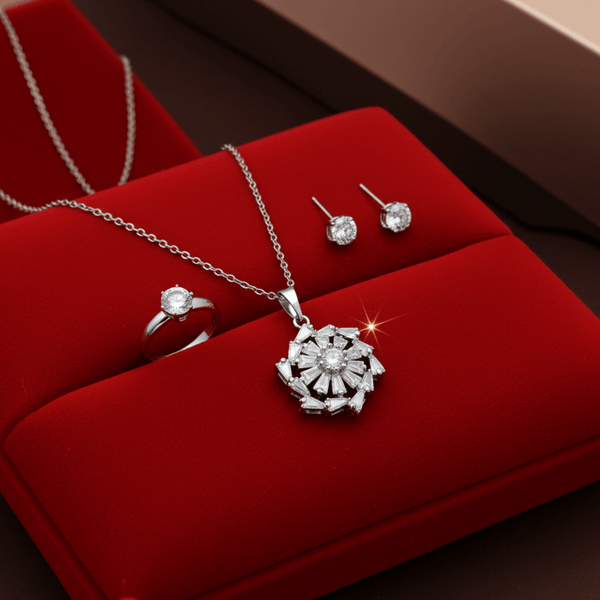 Tessara Silver Floral Zirconia Pendant Set with Solitaire Ring
