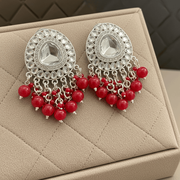 Tessara Silver-Plated Kundan Drop Earrings with Coral Red Beaded Fringe