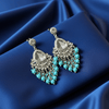 Tessara Silver-Plated Kundan Teardrop Earrings with Sky Blue Beaded Fringe