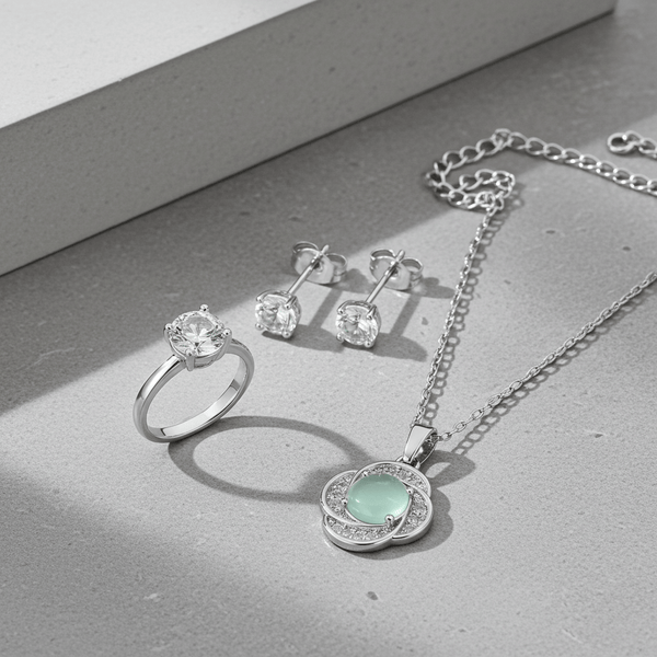 Tessara Silver-Plated Translucent Stone Floral & Solitaire Pendant Set with Ring