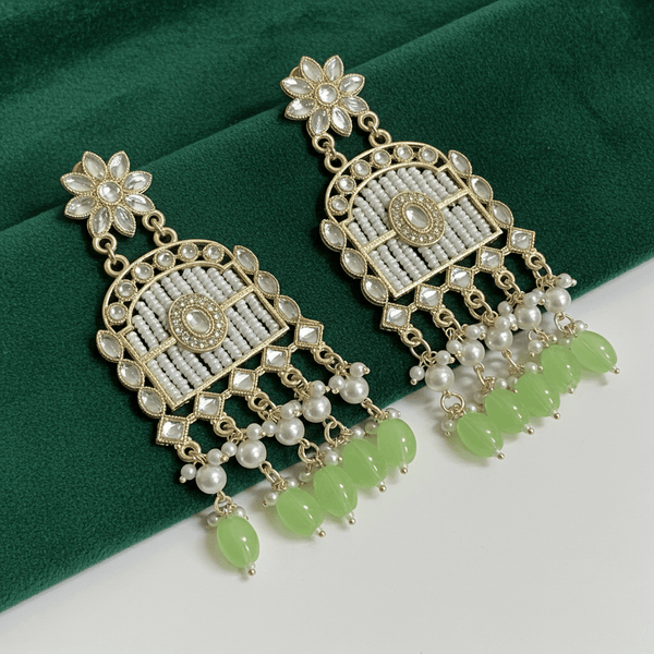 Tessara Gold-Plated Kundan Chandelier Earrings with Pista Green Beads