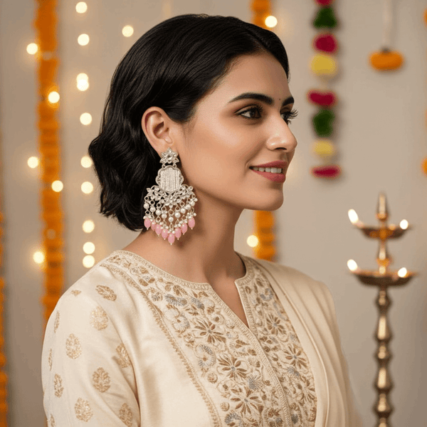 Tessara Silver Pearl Woven Danglers with Pink Beads