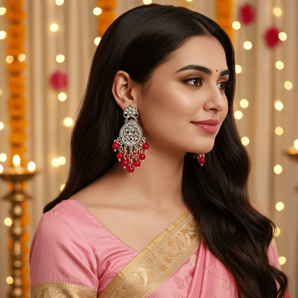 Tessara Silver-Plated Kundan Teardrop Earrings with Coral Red Beaded Fringe