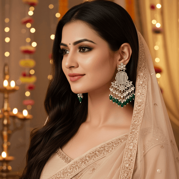 Tessara Silver Kundan Chandeliers with Bottle Green Beads