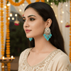 Tessara Silver-Plated Kundan Drop Earrings with Sky Blue Beaded Fringe