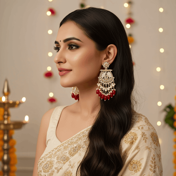 Tessara Gold-Plated Kundan & Pearl Chandbali Earrings with Ruby Red Beads