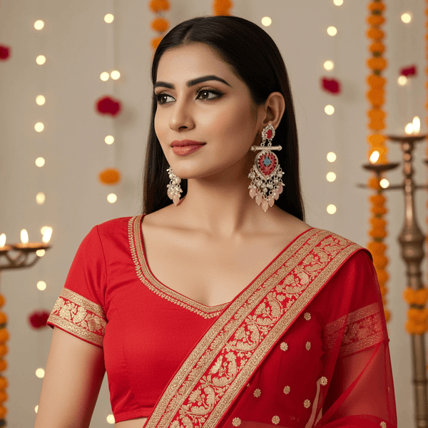 Tessara Silver-Plated Hand-Painted Meenakari Dangler Earrings with Pink Beads