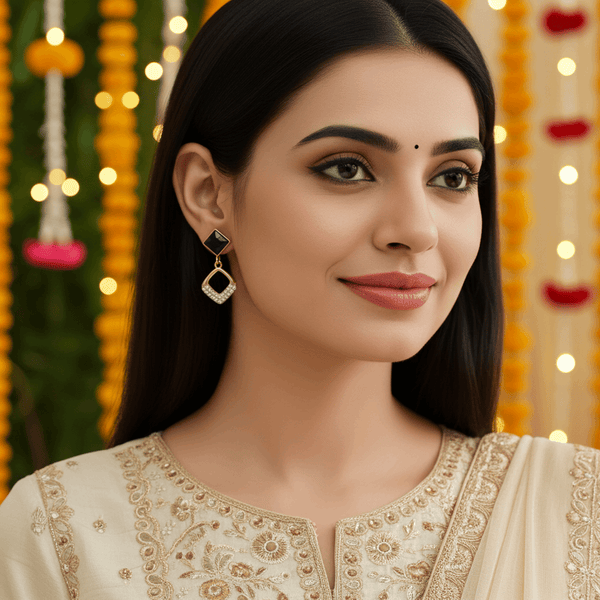 Tessara Gold-Plated Black Stone & Zirconia Drop Earrings