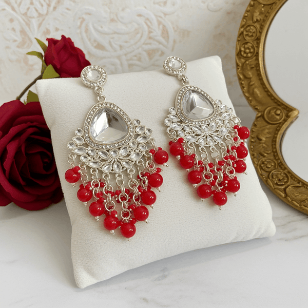 Tessara Silver-Plated Kundan Teardrop Earrings with Red Beaded Fringe