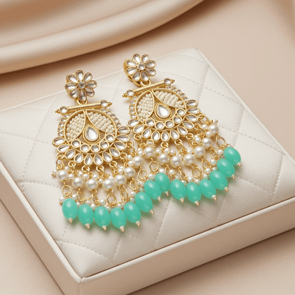 Tessara Gold-Plated Kundan & Pearl Chandbali Earrings with Sea Green Beads