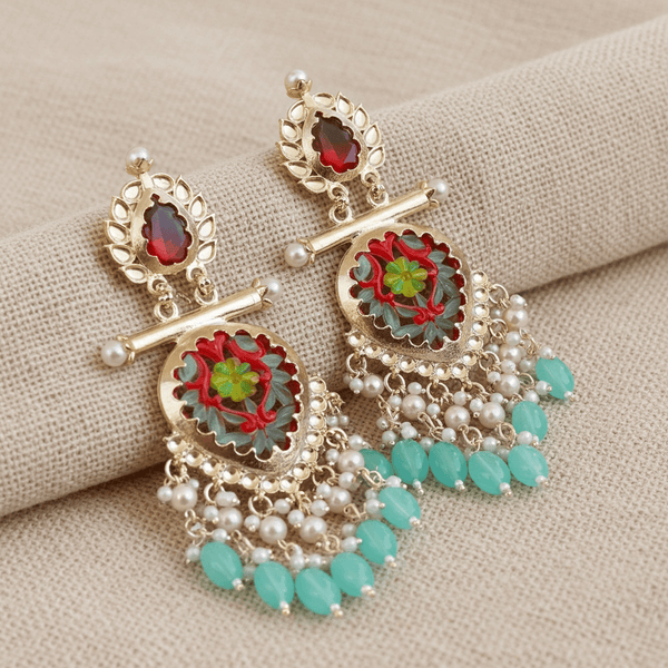 Tessara Gold-Plated Multicolor Meenakari Earrings with Sea Green Beaded Tassels