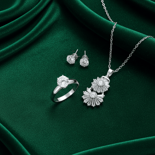 Tessara Sterling Silver Zirconia Floral & Solitaire Pendant Set