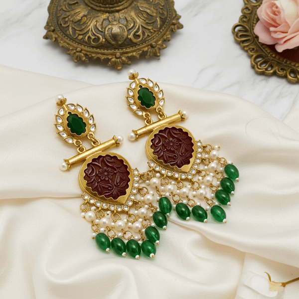 Tessara Gold-Plated Carved Stone & Pearl Drop Earrings in Maroon & Green