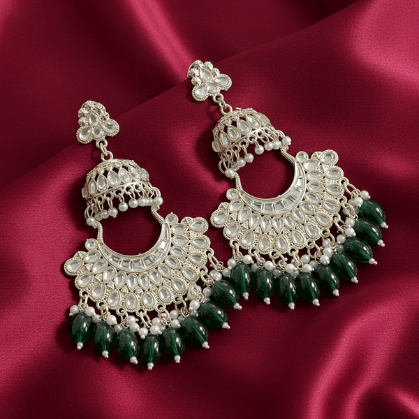 Tessara Silver-Plated Kundan Chandbali Earrings with Bottle Green Beads