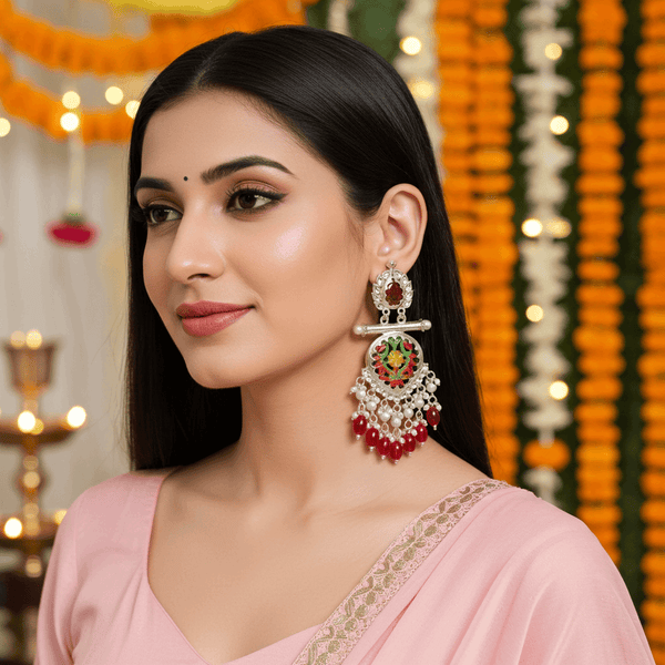 Tessara Silver-Plated Hand-Painted Meenakari Dangler Earrings with Red Beads