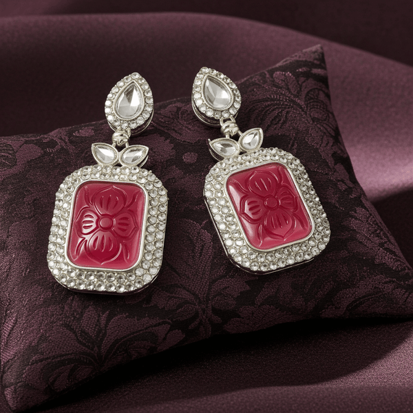 Tessara Silver-Plated Kundan Drop Earrings with Carved Rani Pink Stone
