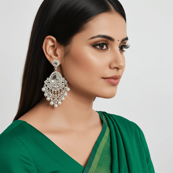 Tessara Silver-Plated Kundan & Pearl Chandelier Earrings in White