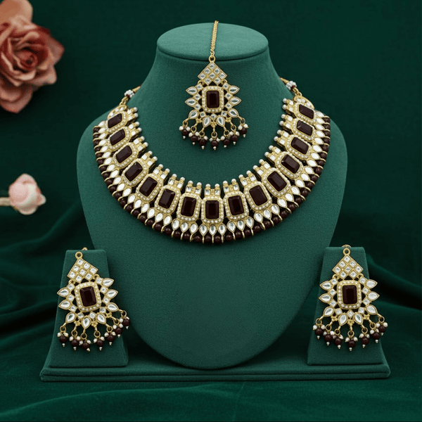 Tessara Gold-Plated Maroon & White Stone-Studded Jewellery Set
