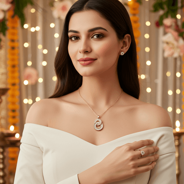 Tessara Rose Gold-Plated AD-Studded Interlocking Pendant Set with Ring