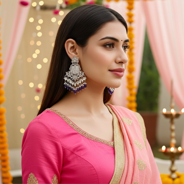 Tessara Silver Kundan Chandeliers with Purple Beads