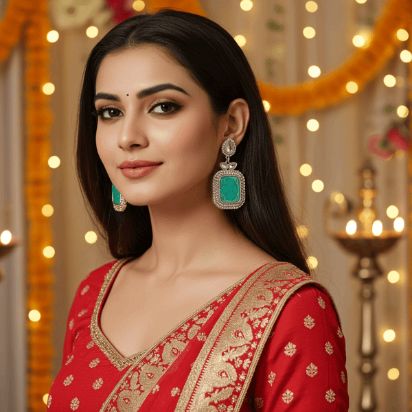 Tessara Silver-Plated Kundan Drop Earrings with Carved Sea Green Stone