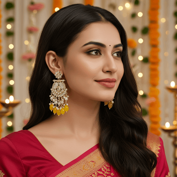 Tessara Gold-Plated Kundan & Pearl Chandbali Earrings with Yellow Beads