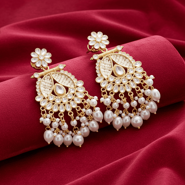 Tessara Gold-Plated Kundan & Pearl Drop Earrings in White
