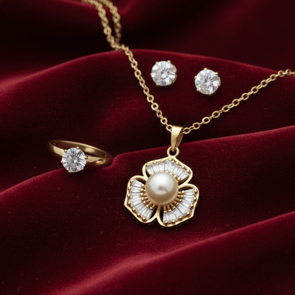 Tessara Gold-Plated Pearl & Zirconia Floral Pendant Set