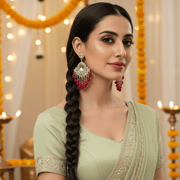 Tessara Silver-Plated Kundan Chandelier Earrings with Rani Pink Beaded Tassels