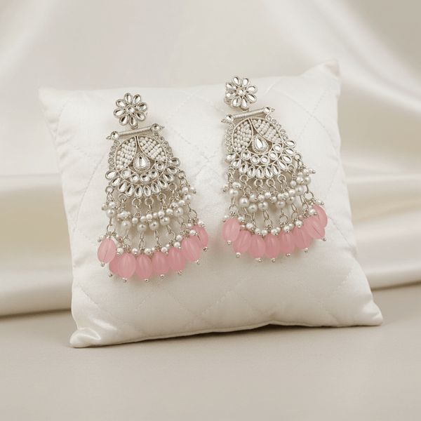Tessara Silver-Plated Kundan Chandelier Earrings with Dusty Pink Beads