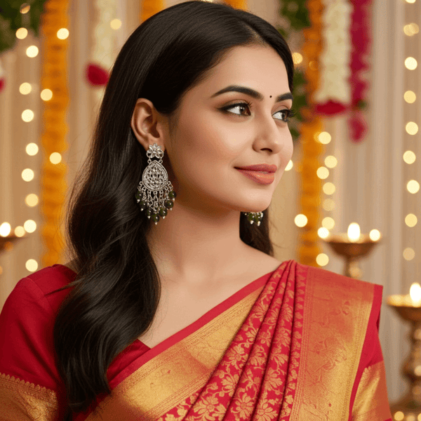 Tessara Silver-Plated Kundan Teardrop Earrings with Mehendi Green Beaded Tassels