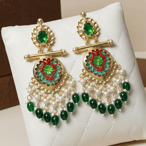 Tessara Gold-Plated Multicolor Meenakari Earrings with Green Beaded Tassels