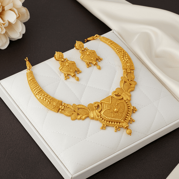 Exquisite Traditional Gold-Plated Necklace & Earrings Set – Heritage Elegance - by Tessara