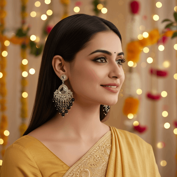 Tessara Silver-Plated Kundan Teardrop Earrings with Black Beaded Fringe