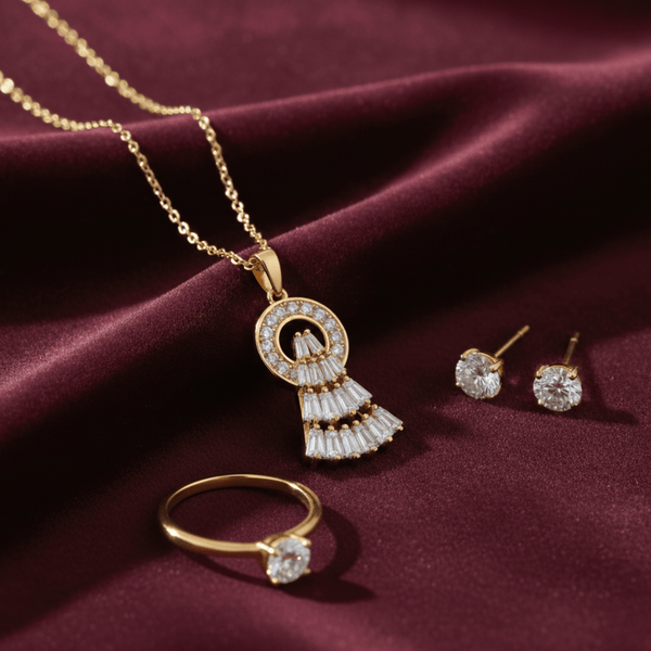Tessara Gold-Plated Zirconia Cascade & Solitaire Pendant Set