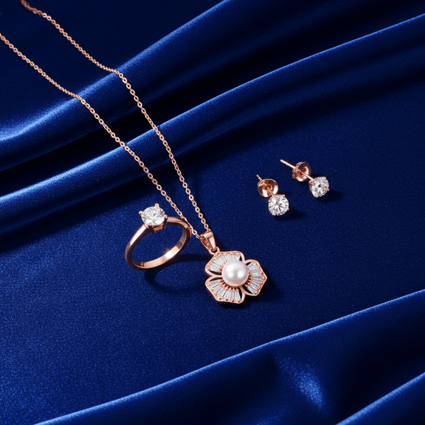 Tessara Rose Gold-Plated Pearl & Zirconia Floral Pendant Set