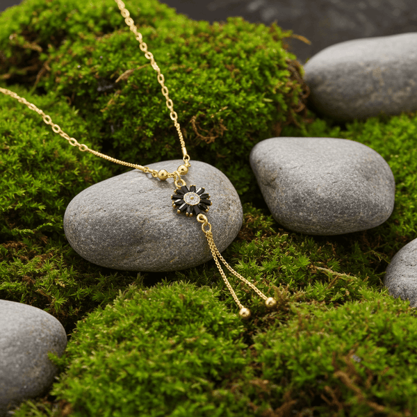 Tessara Gold-Plated Black & White AD-Studded Floral Tassel Pendant